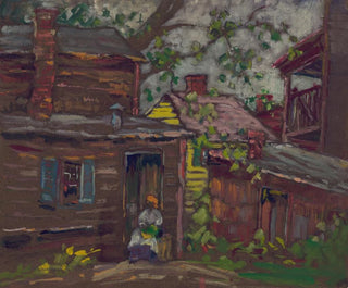 African-American painting of a seated figure in the doorway of a wooden-framed house in Washington DC - Susan Brown Chase — artwork view