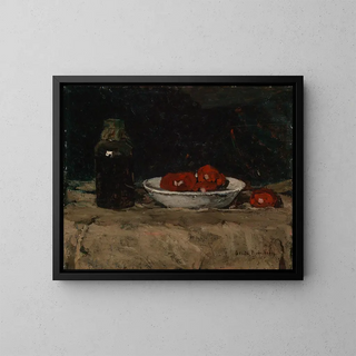 Nature morte avec bouteille en verre et tomates - Susanne Bisschop — framed artwork on a wall