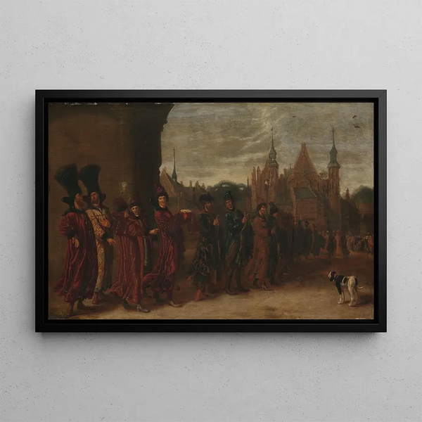 The Legation of the Tsar of Muscovy on the way to a meeting of the Estates General in The Hague - Sybrand van Beest — framed artwork on a wall