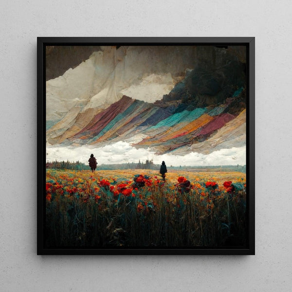 Abstract Painting – Suspended Sparkle | Surreal Wall Poster with Flower Field and Textured Sky