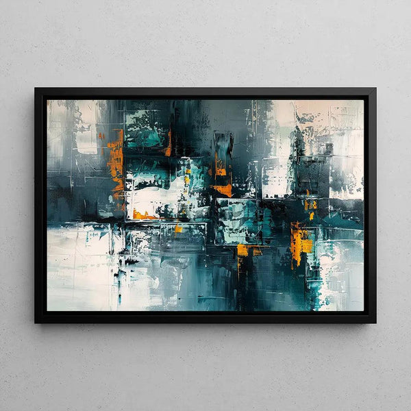 Abstract Painting – Urban Fragments | Modern Wall Poster with Cool Colors and Orange Touches
