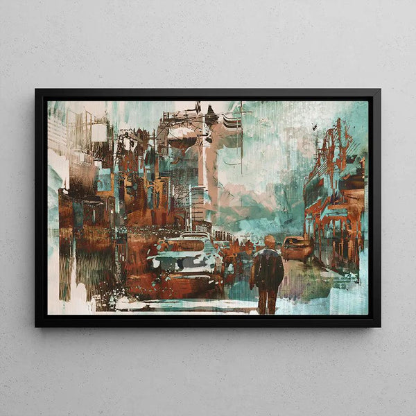 Abstract Painting – Urban Reminiscence | Vintage and Contemporary Wall Poster in Rust and Turquoise Tones