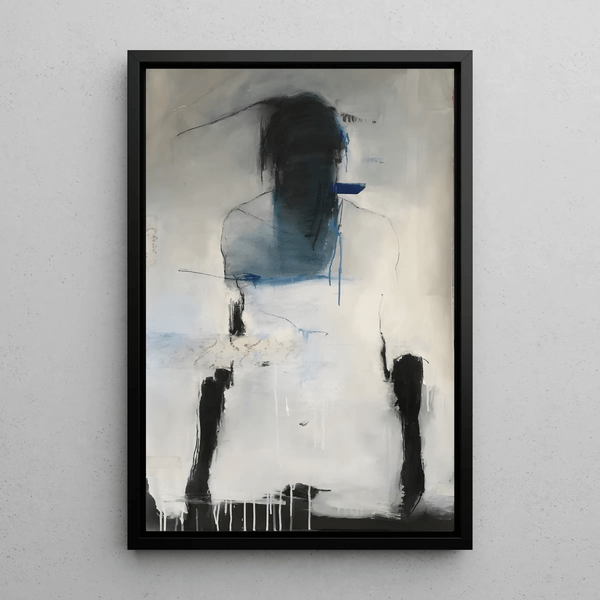 Abstract Painting – Suspended Silhouette | Mysterious Wall Poster in Black and Blue on Light Background