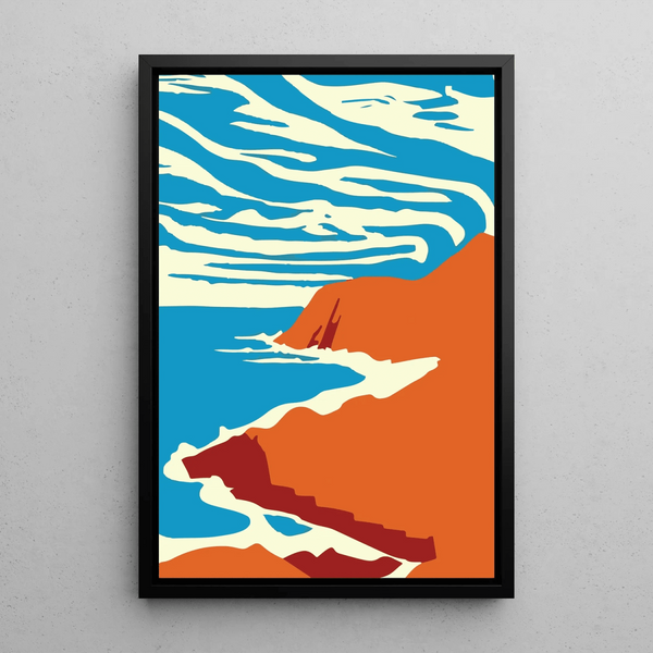 Colorful Painting – Striped Sky Cliffs | Minimalist Coastal Landscape Poster | Modern Decor for Living Room, Bedroom, or Office