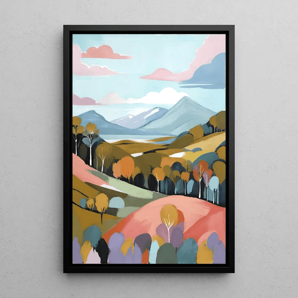 Colorful Painting – Pastel Hills and Stylized Forests | Abstract Poster Earth Tones and Minimalist Landscape