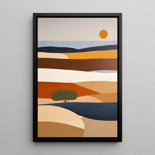Colorful Painting – Clay Sun | Stylized Landscape Poster in Terracotta and Natural Tones | Bohemian Decor for Living Room or Bedroom