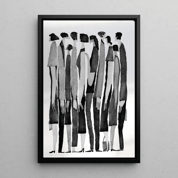 Black and White Design Painting – Silent Multitude | Minimalist Human Silhouettes Poster