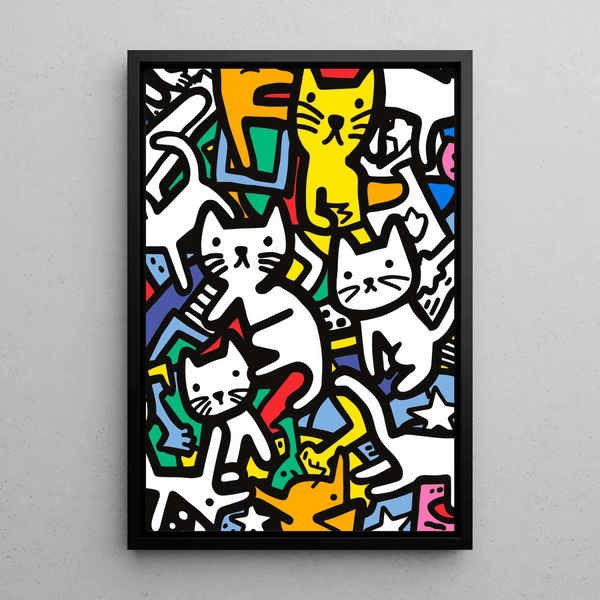 Pop Art Painting – Dance of the Felines | Colorful Poster of Stylized Cats