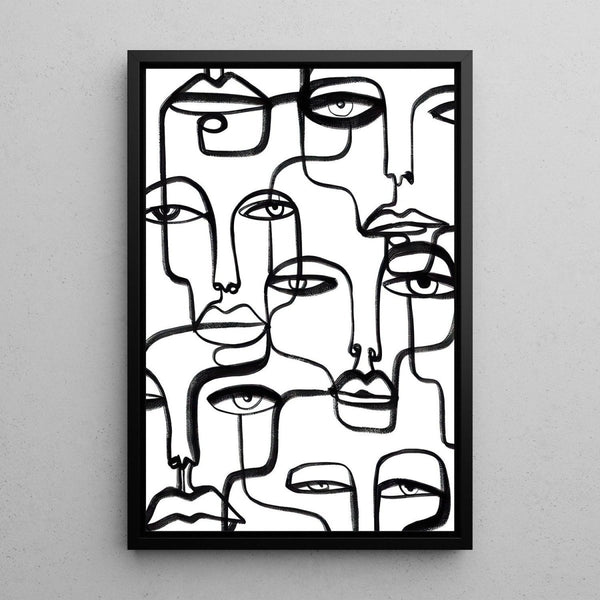 Black and White Decorative Painting – Intertwined Gaze | Minimalist Continuous Line Faces Poster