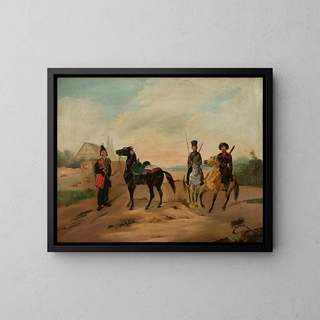 Trois cavaliers sur la route - Tadeusz Brodowski — framed artwork on a wall
