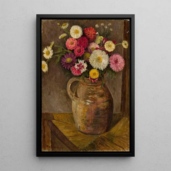 Asters and Zinnias in a Terracotta Pitcher - Tadeusz Makowski — framed artwork on a wall
