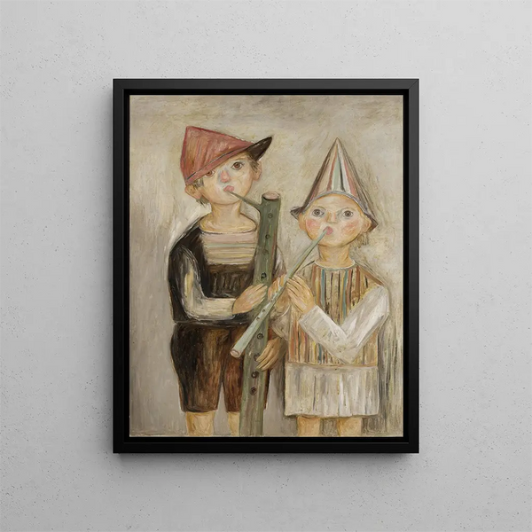 Boys with Rural Pipes - Tadeusz Makowski — framed artwork on a wall