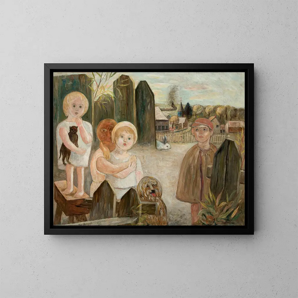 Children in a village courtyard - Tadeusz Makowski — framed artwork on a wall