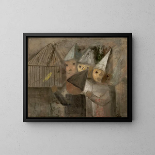 Children in front of a cage with a canary - Tadeusz Makowski — framed artwork on a wall