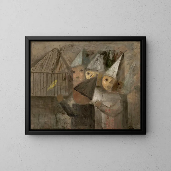 Children in front of a cage with a canary - Tadeusz Makowski — framed artwork on a wall