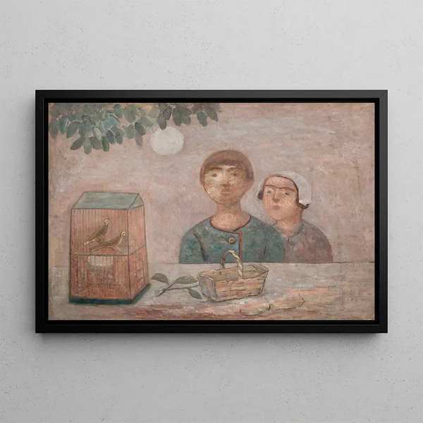 Children in front of a cage with small birds - Tadeusz Makowski — framed artwork on a wall