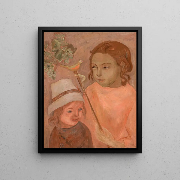 Children with a Bird on the Tree - Tadeusz Makowski — framed artwork on a wall