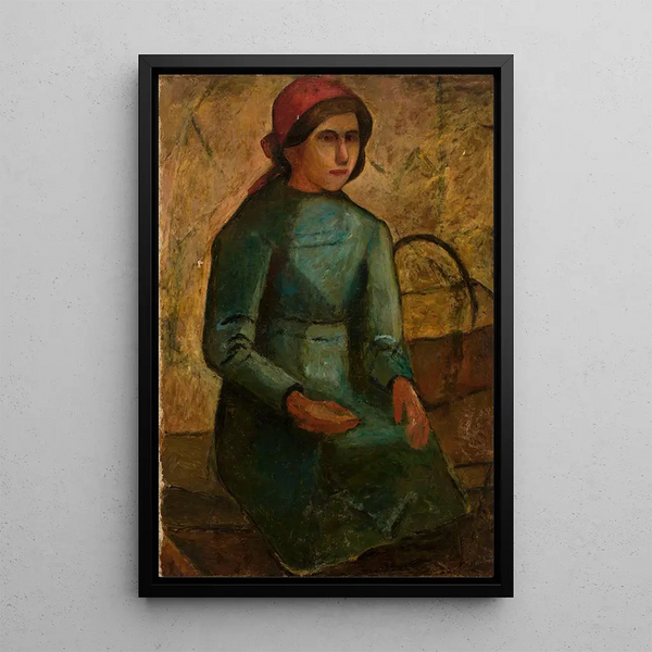 Girl in a green dress with basket - Tadeusz Makowski — framed artwork on a wall