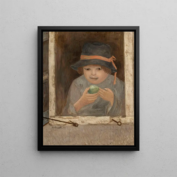 Girl with an Apple at the Window - Tadeusz Makowski — framed artwork on a wall