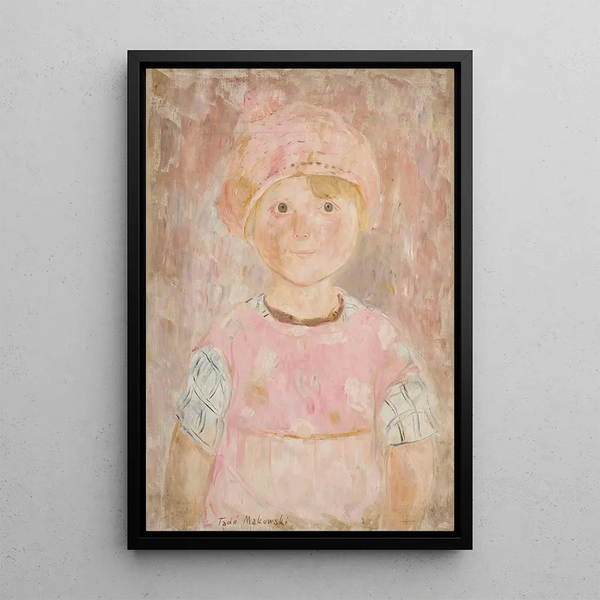 Little girl in pink dress and bonnet - Tadeusz Makowski — framed artwork on a wall
