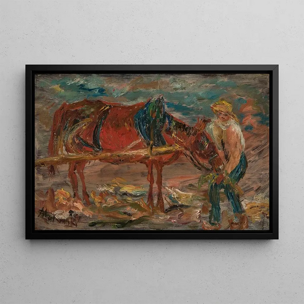 Nourrir un cheval - Tadeusz Makowski — framed artwork on a wall