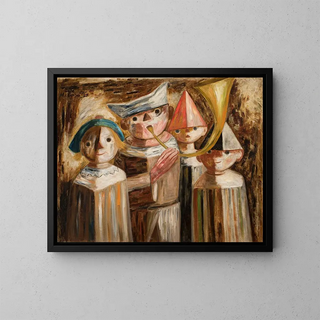 Four children with a trumpet - Tadeusz Makowski — framed artwork on a wall