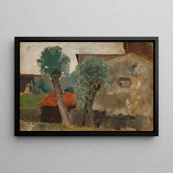 Fragment of a house with two trees - Tadeusz Makowski — framed artwork on a wall