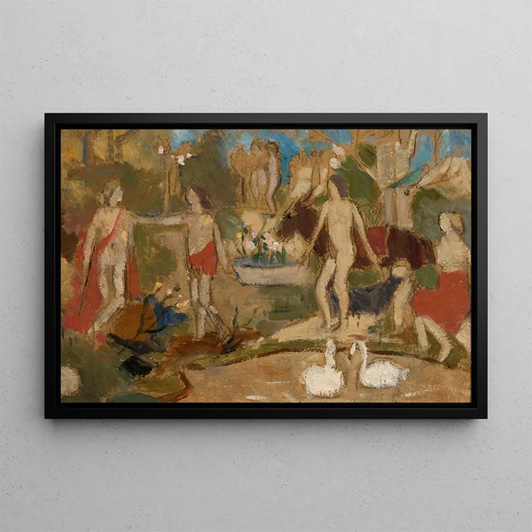 Garden scene with characters and swans - Tadeusz Makowski — framed artwork on a wall