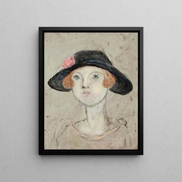 a woman's head with a black hat - Tadeusz Makowski — framed artwork on a wall