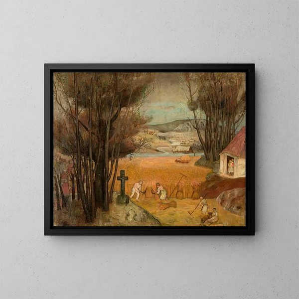 Harvest in a field - Tadeusz Makowski — framed artwork on a wall