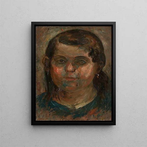 Head of a Little Girl in a Blue Dress - Tadeusz Makowski — framed artwork on a wall
