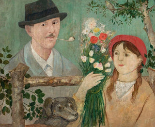 Idylle près d'une clôture, autoportrait de fille avec des fleurs et un chien - Tadeusz Makowski — artwork view