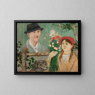 Idylle près d'une clôture, autoportrait de fille avec des fleurs et un chien - Tadeusz Makowski — framed artwork on a wall