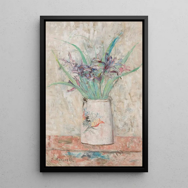 Iris painting in a white vase - Tadeusz Makowski — framed artwork on a wall