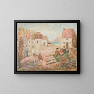 Landscape of a small town with children in a stroller - Tadeusz Makowski — framed artwork on a wall