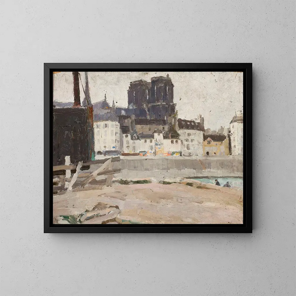 Landscape Painting with Notre-Dame Cathedral - Tadeusz Makowski — framed artwork on a wall