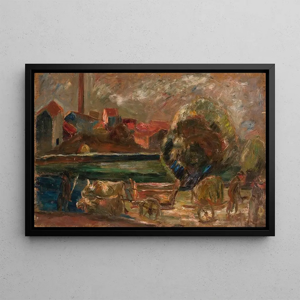 Landscape painting with a factory chimney - Tadeusz Makowski — framed artwork on a wall