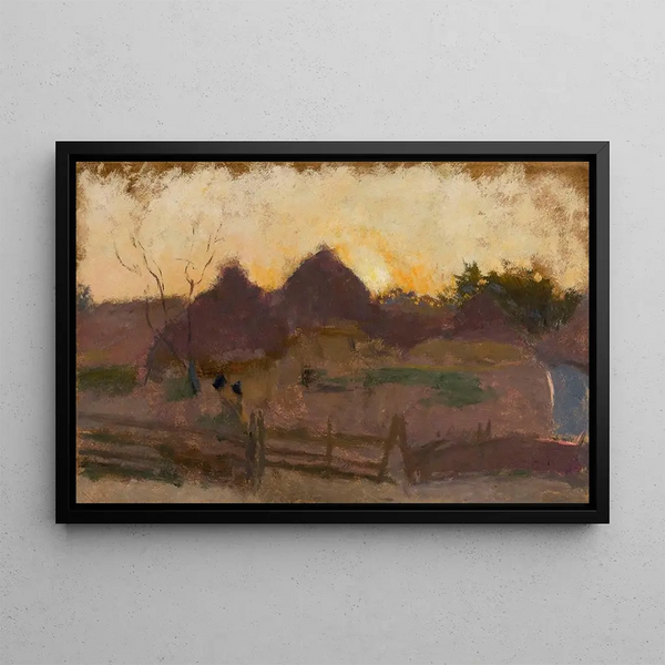 Landscape painting with haystacks - Tadeusz Makowski — framed artwork on a wall