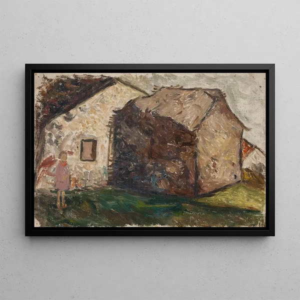 Small girl in front of a house - Tadeusz Makowski — framed artwork on a wall