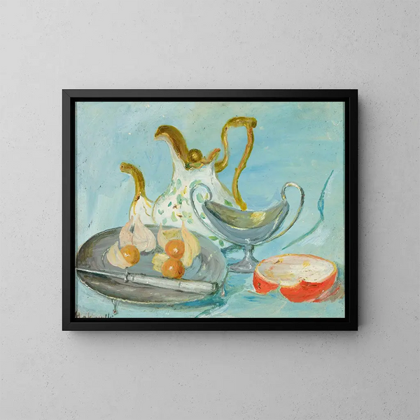Still life on a blue background - Tadeusz Makowski — framed artwork on a wall