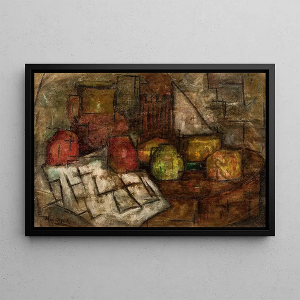 Still life with pitcher and fruits - Tadeusz Makowski — framed artwork on a wall