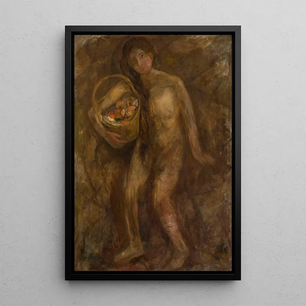 Young girl nude with a basket of apples - Tadeusz Makowski — framed artwork on a wall