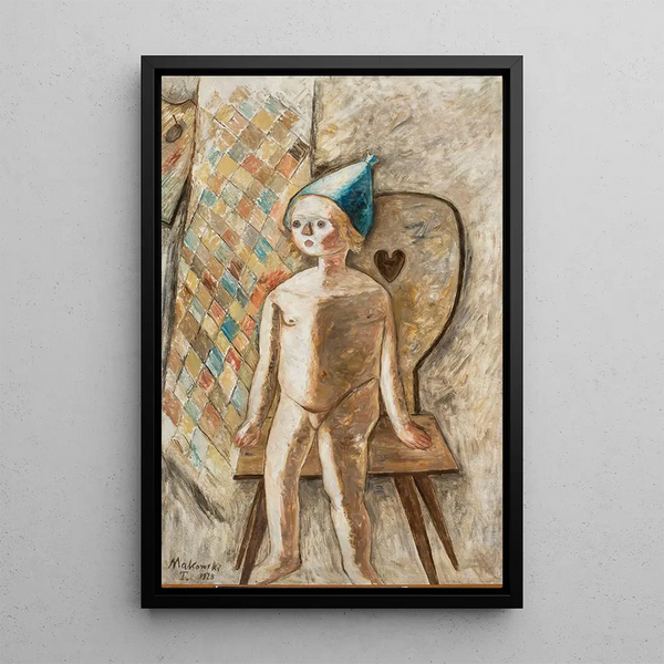 Little girl nude with a blue bonnet - Tadeusz Makowski — framed artwork on a wall