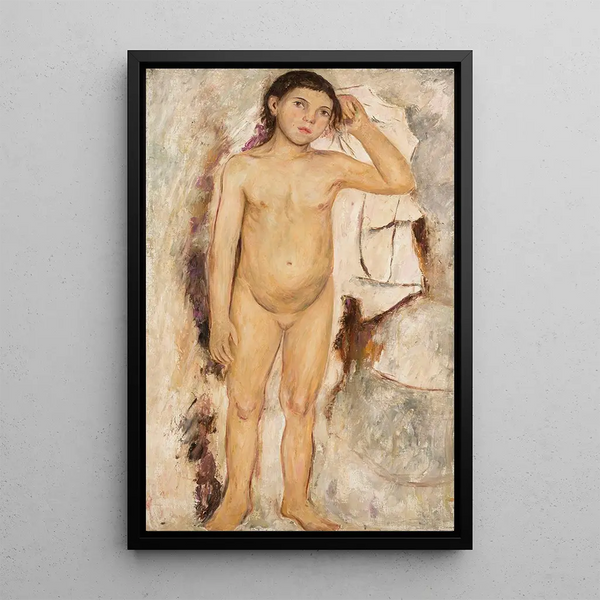 a small nude girl with a raised hand - Tadeusz Makowski — framed artwork on a wall