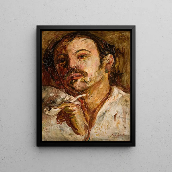 Portrait of a man smoking a pipe - Tadeusz Makowski — framed artwork on a wall
