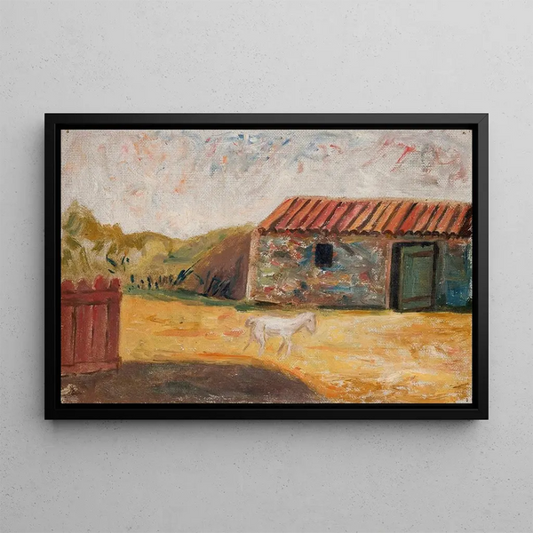 Rural farm with a white foal - Tadeusz Makowski — framed artwork on a wall