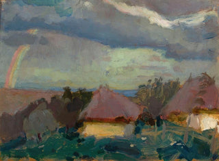 Rural landscape painting with a rainbow - Tadeusz Makowski — artwork view