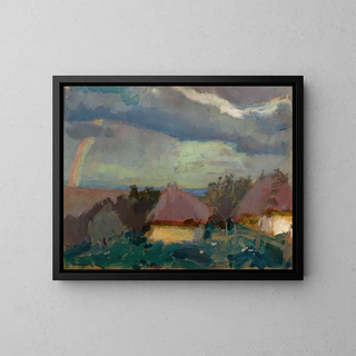 Rural landscape painting with a rainbow - Tadeusz Makowski — framed artwork on a wall