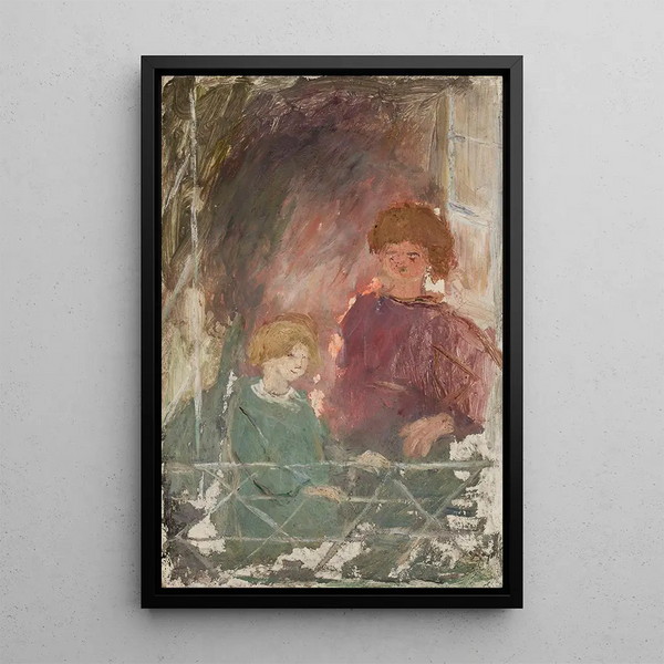 Two children on a balcony - Tadeusz Makowski — framed artwork on a wall