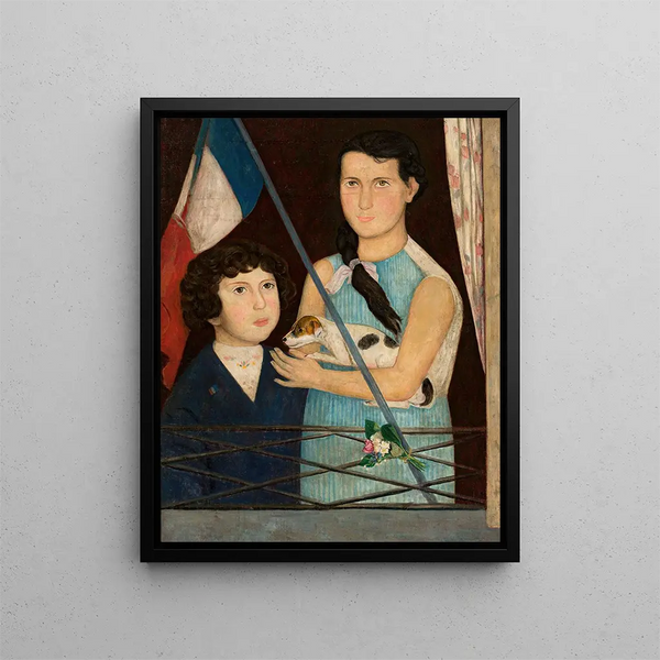 Two children with a French flag - Tadeusz Makowski — framed artwork on a wall